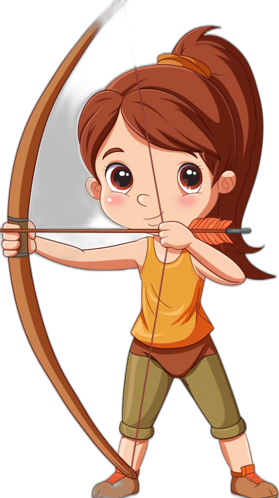 A cute cartoon girl archer with brown hair in a ponytail, shooting an arrow at the camera in the style of vector art on a black background.