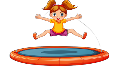 A cartoon girl jumping on the trampoline, vector illustration with black background, cute style, colorful , simple design, high resolution, professional quality, close-up shot, solid color background, no text in picture, simple lines, flat design, no shadows and lighting effects. The character is located at one side of the red round carpet, with an orange shirt and pink shorts. She has blonde hair tied into pigtails. Her eyes have big blue irises that sparkle. A happy expression on her face as she jumps up from behind. by [Skottie Young](https://goo.gl/search?artist%20Skottie%20Young)