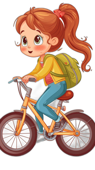 A cute little girl is riding her bicycle in the style of a cartoon, vector illustration, simple lines, black background, no shading, high detail, full body shot, high resolution, full hd, no outline, no shadowing, no noise, no color gradient. She has long brown hair in pigtails and wears blue pants with a yellow shirt and a green backpack on the back of her bike. The frame around her is red and white and she's wearing sneakers. Her eyes have large expressive anime-style pupils.