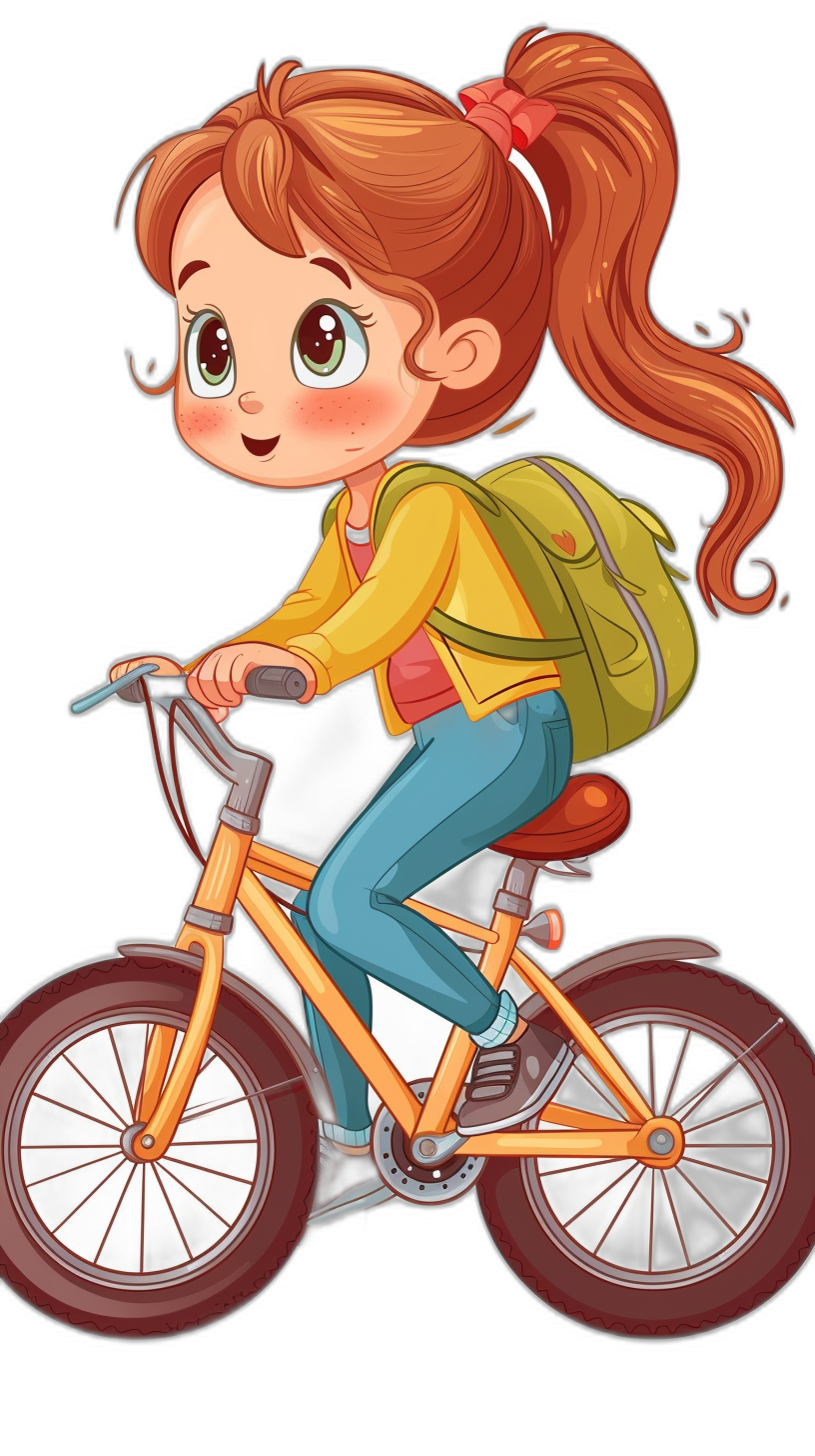 A cute little girl is riding her bicycle in the style of a cartoon, vector illustration, simple lines, black background, no shading, high detail, full body shot, high resolution, full hd, no outline, no shadowing, no noise, no color gradient. She has long brown hair in pigtails and wears blue pants with a yellow shirt and a green backpack on the back of her bike. The frame around her is red and white and she’s wearing sneakers. Her eyes have large expressive anime-style pupils.