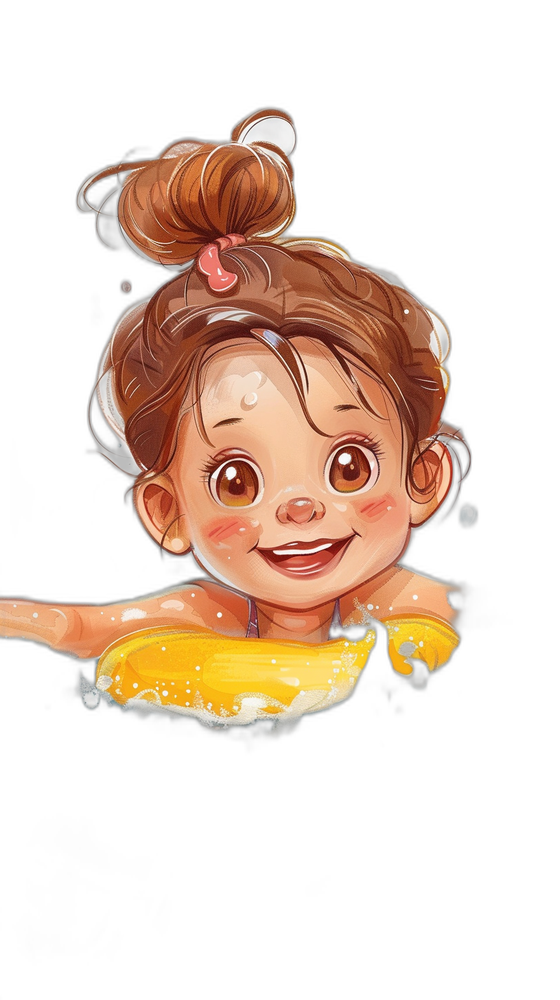 A cute baby girl with big brown eyes and hair in buns, wearing yellow swim attire, smiling while floating on her back in the style of Disney, cartoon drawing, black background.