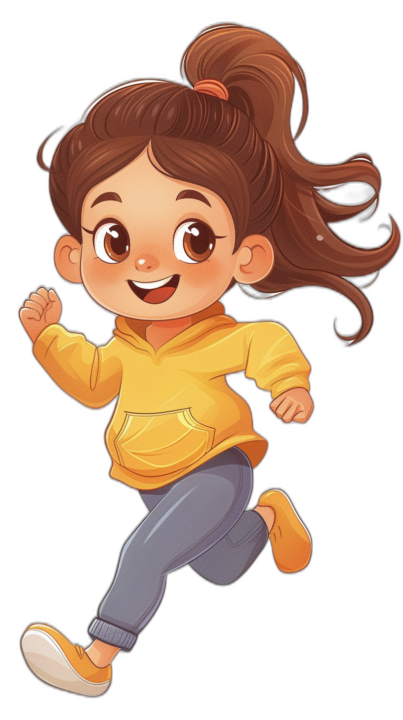 A cute little girl, wearing blue jeans and a yellow hoodie with her hair in a ponytail style is running in the air, smiling with a happy face, big brown eyes, in a chibi character design, as a vector illustration, on a black background, in the style of 2D game art, in the style of Disney Pixar cartoon animation, as a full body shot, rendered in zbrush with soft lighting, from a low angle view, with high resolution, high detail, and high quality.