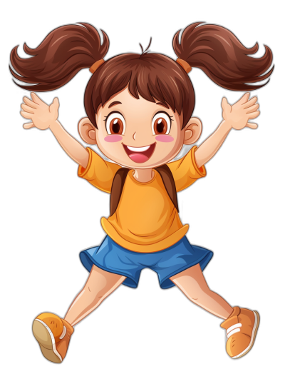 A cute happy girl cartoon character with two pigtails jumping in the air in the style of clip art on a black background.