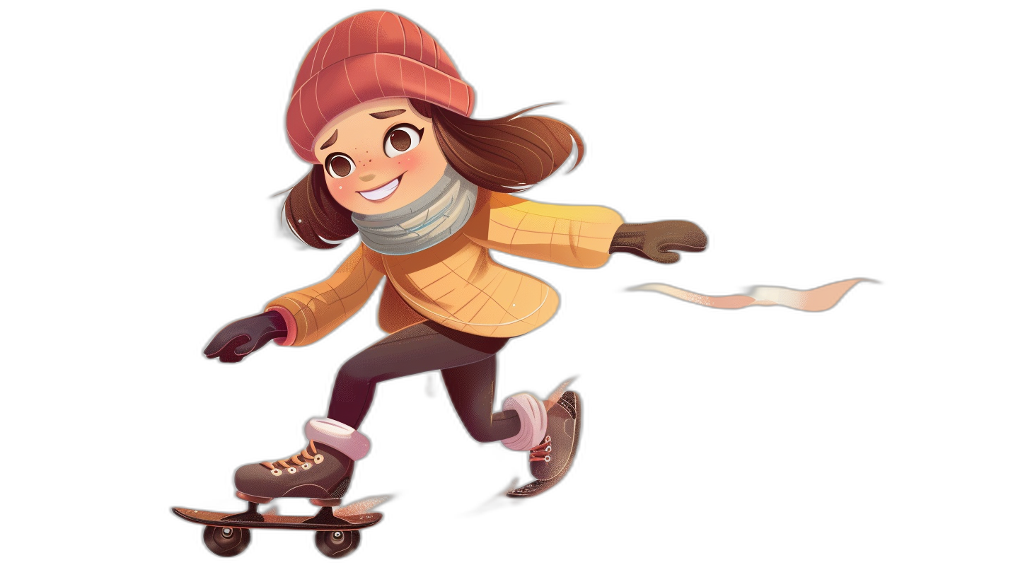 A cute girl skating on roller skates, full body character design, black background, flat illustration style, vector art, in the style of Pixar, wearing winter  and a hat, happy face expression, cartoonish character design, high resolution, high quality, high detail, digital painting, natural lighting, 3d rendering.