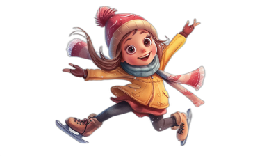 A cute girl ice skating, wearing gloves and scarves, Pixar style, black background, cartoon character design, full body portrait, happy expression, cute hat, yellow coat with red patterns on the sleeves, high-definition illustrations, cute expressions, black shoes, holding hands in her pockets, jumping up,