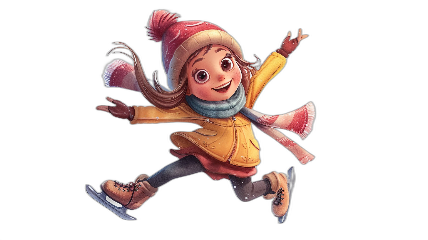 A cute girl ice skating, wearing gloves and scarves, Pixar style, black background, cartoon character design, full body portrait, happy expression, cute hat, yellow coat with red patterns on the sleeves, high-definition illustrations, cute expressions, black shoes, holding hands in her pockets, jumping up,