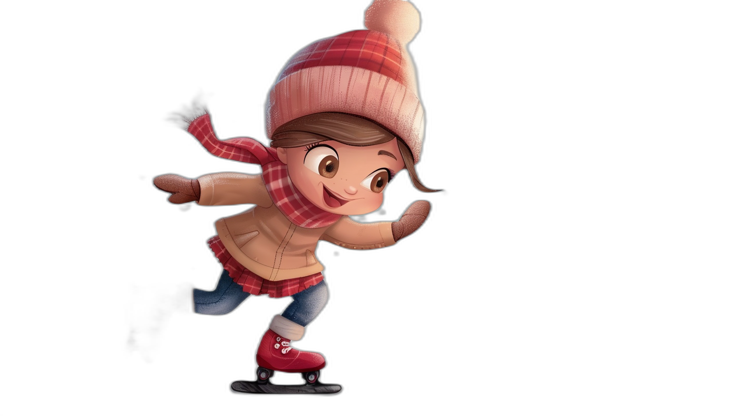 A cute girl ice skating, wearing winter  and a hat, on a black background, in the style of Pixar with hand drawn elements, colorful, full body, side view, simple flat colors, red shoes, pink scarf, brown hair, in the style of 3D animation, high resolution, high detail, high quality.