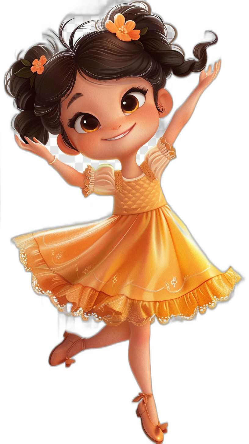 A cute little girl in an orange dress is dancing ballet in the style of Disney, a cartoon character with big eyes and dark hair in the style of Disney Pixar, full body against a black background, high resolution with no text or letters, high detail and quality in a sharp focus style that is highly realistic and detailed in a photorealistic manner.