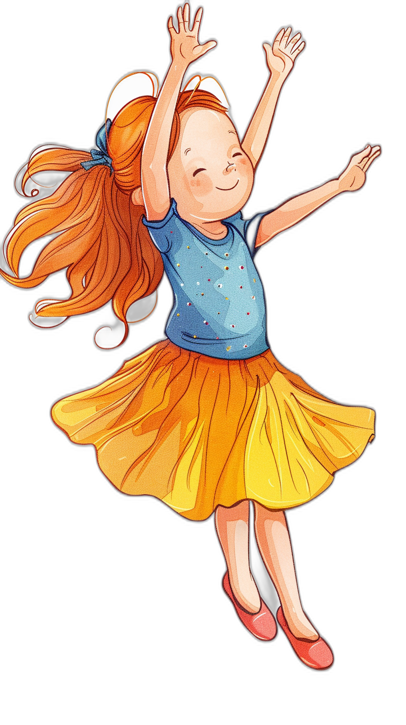 A cute happy girl with red hair in an orange skirt and blue top is jumping in the style of clipart on a black background, as digital art, in a cartoon illustration style.