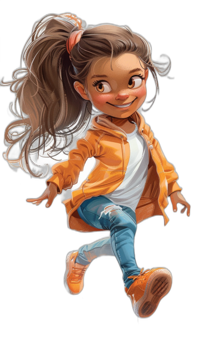 A cute girl in an orange jacket, white t-shirt and blue jeans is jumping on a black background. She has long brown hair with pigtails in a ponytail hairstyle and a big smile. In the style of Disney cartoon character design in the style of [Artgerm](https://goo.gl/search?artist%20Artgerm).