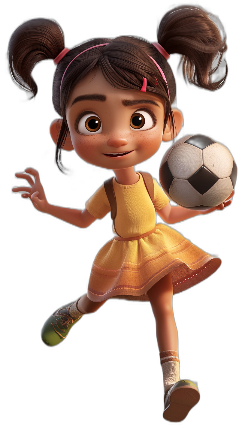 3D character, Pixar style girl playing soccer, black background, wearing a yellow dress and white shoes, hair in two pigtails with one of them tied to the head in the style of a pink bandana, brown skin color, smiling expression on her face, cartoon, Disney art style