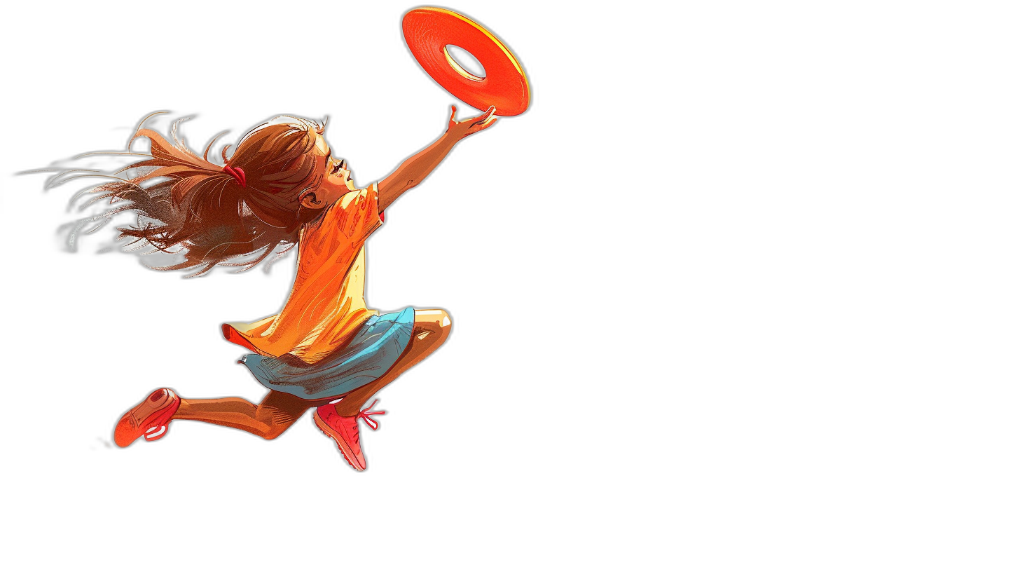 A girl is jumping and throwing an orange frisbee in the style of a cartoon, with a black background, as a full body shot, in high resolution.