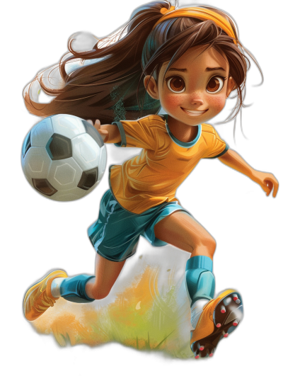 cartoon style, young girl soccer player in action with ball on black background, brown hair and blue eyes wearing yellow shirt and teal shorts, in the style of Disney Pixar art