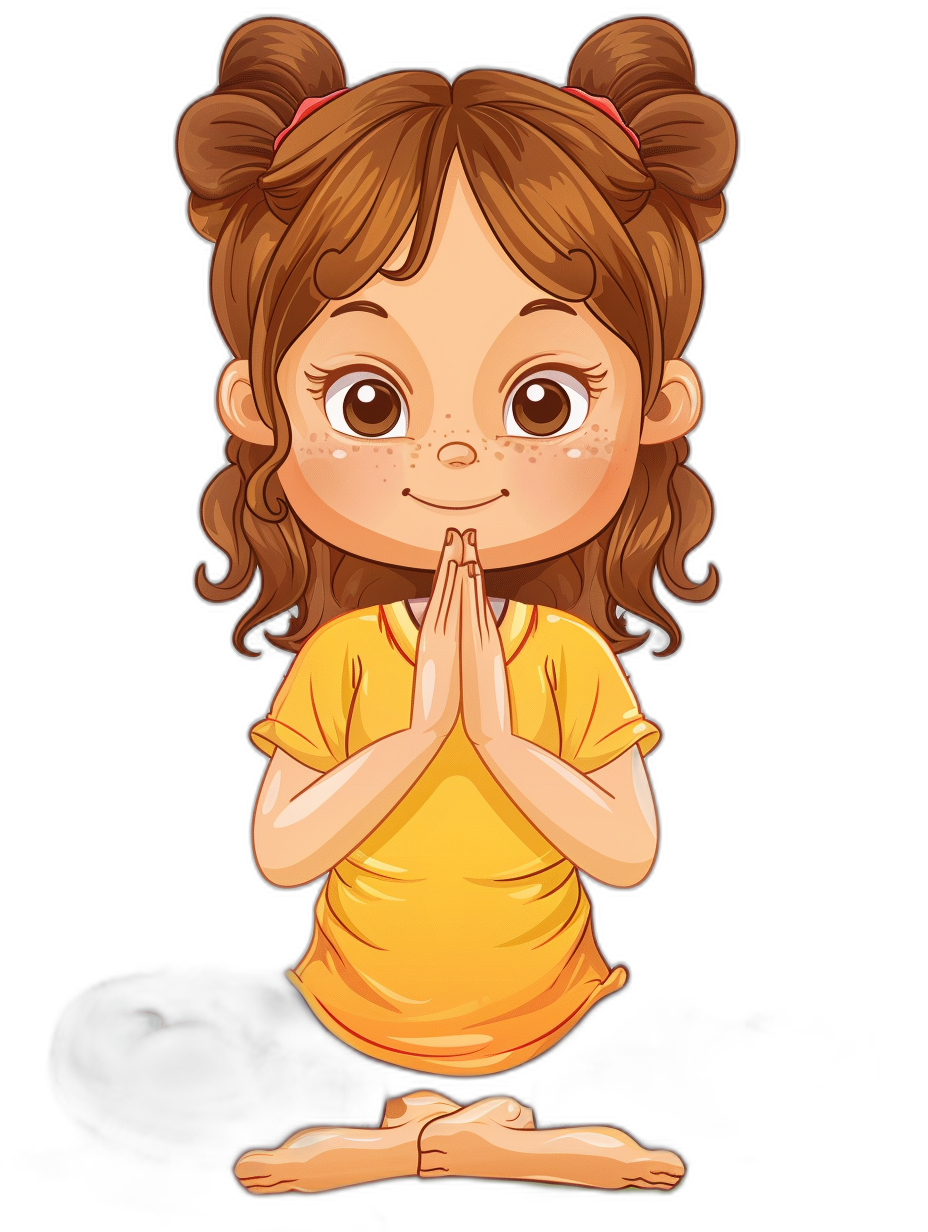 A cute little girl doing yoga in the style of a cartoon, full body portrait in the style of a vector illustration against a black background, wearing a yellow t-shirt with brown hair in pigtails and hands clasped in prayer.