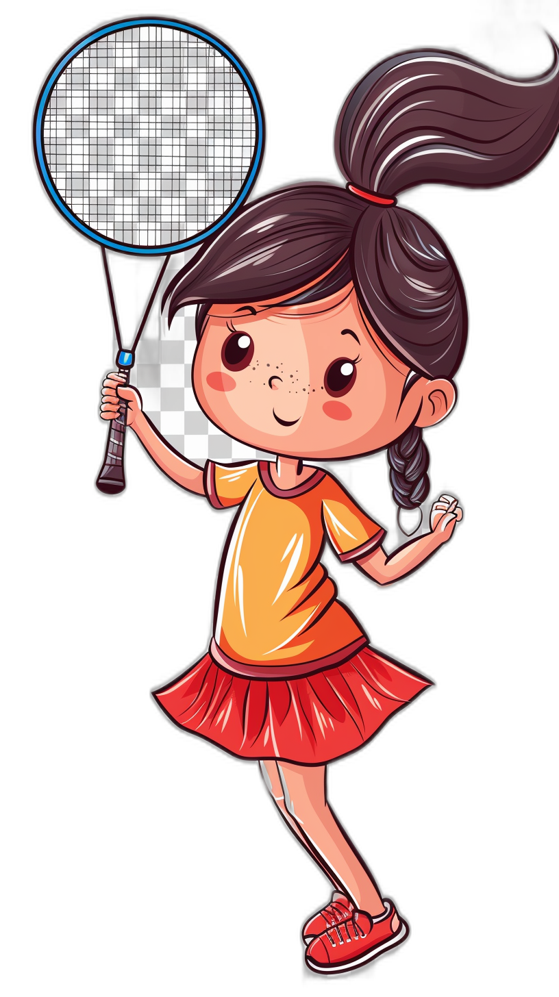 A cute little girl playing badminton in the style of clip art with a black background, in a sticker format.