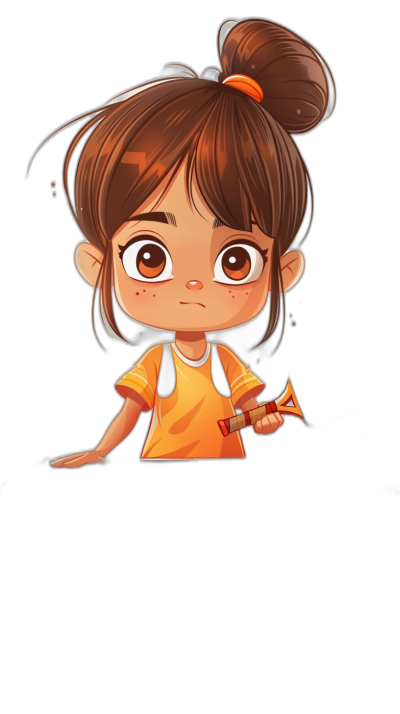 chibi, cute girl character with orange shirt and brown hair in pigtails holding an axe, black background, cartoon in the style of Pixar