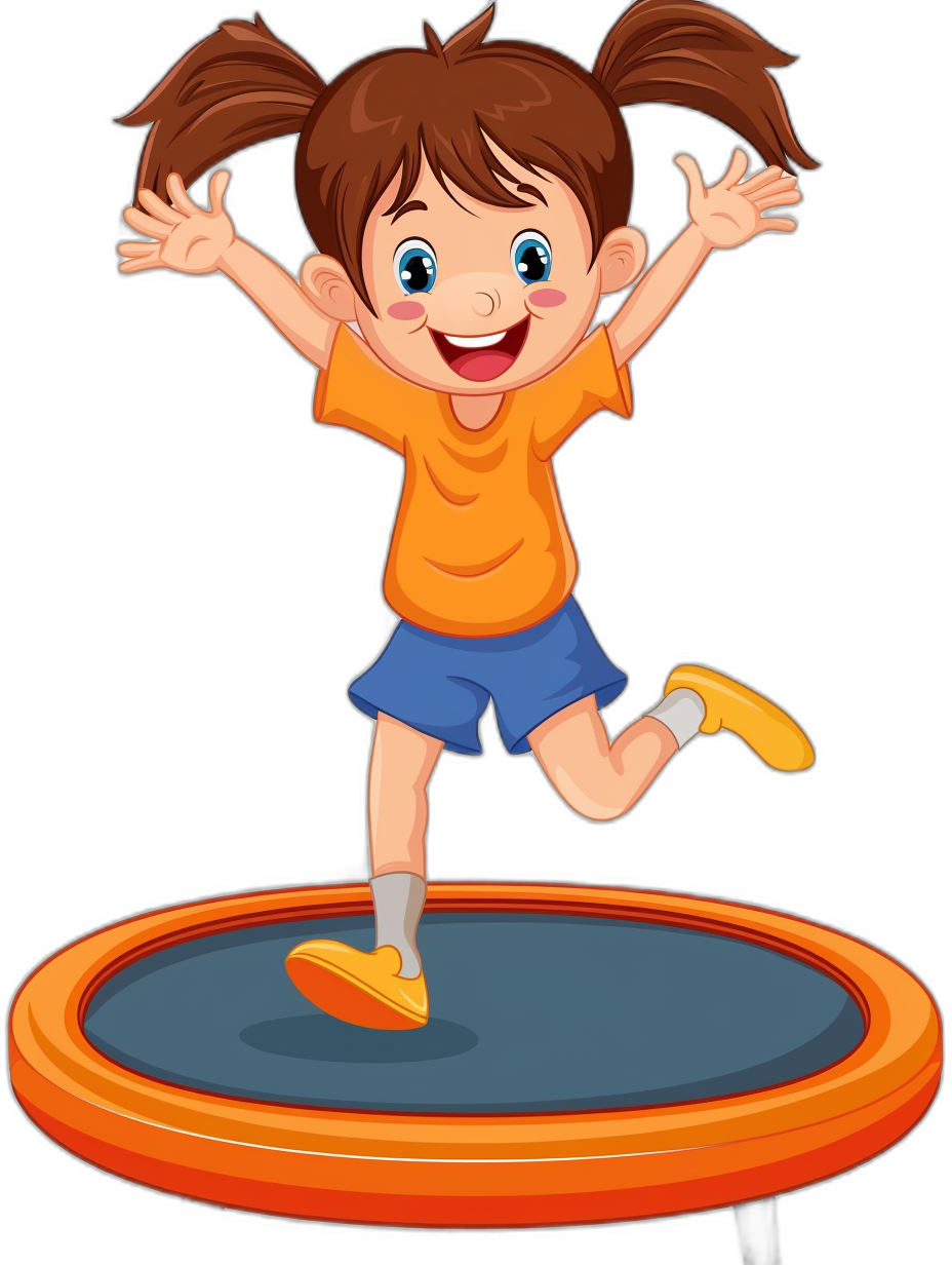 A cute cartoon girl jumping on the trampoline, smiling happily, in the style of vector illustration with a black background. The little boy has long brown hair and is wearing an orange t-shirt and blue shorts. He wears yellow shoes and his hands have five fingers. She jumps very high while playing on the ring. Her expression was happy and joyful.