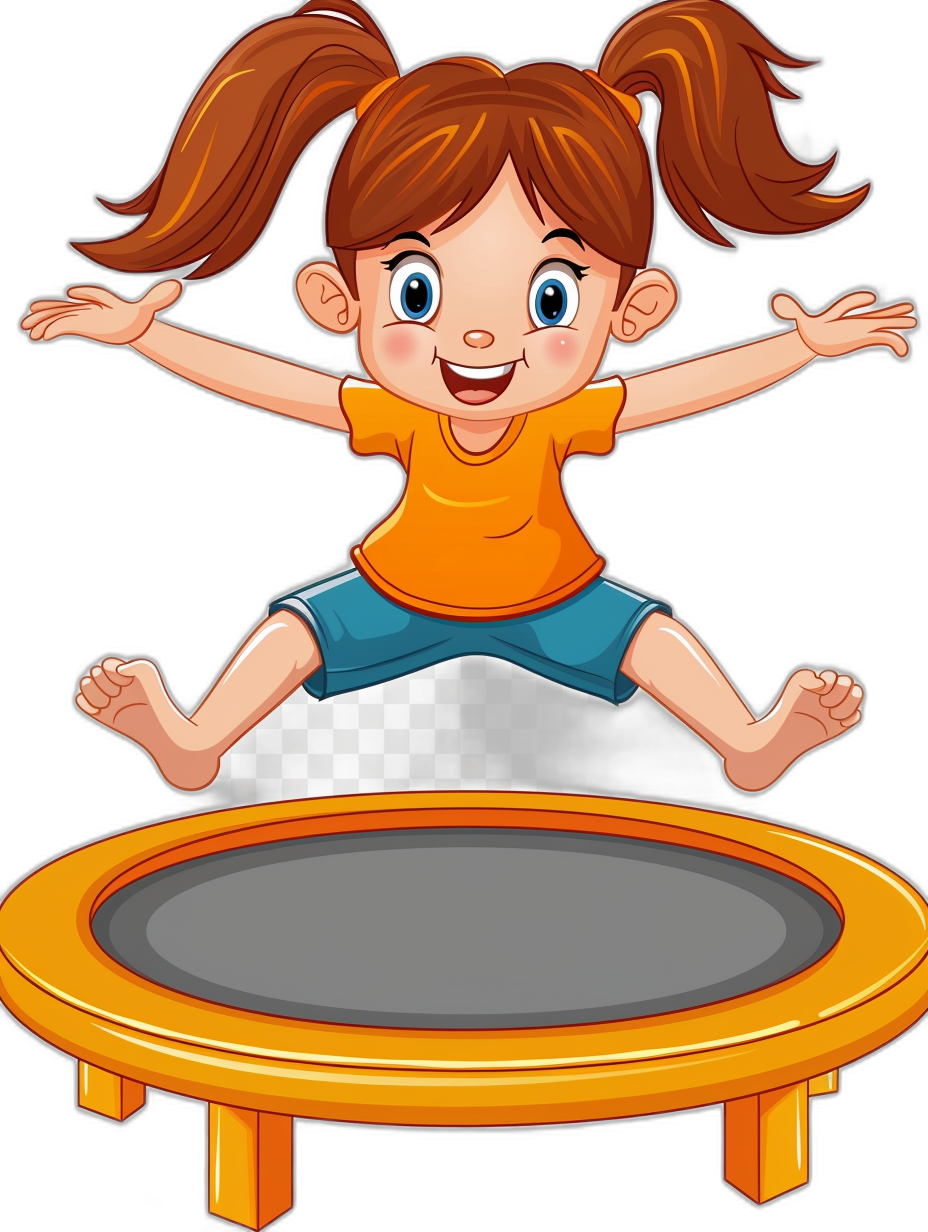 Little girl jumping on the trampoline cartoon illustration vector transparent background cutout, PNG file with white space around edges for easy ad element clipart, in the style of colorful