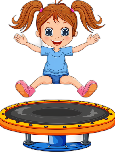 A cute cartoon girl with pigtails is jumping on the trampoline in a simple, flat style illustration. The vector graphics feature a black background with high resolution, detail, quality, definition, sharpness, focus, contrast, vibrance and saturation. The colors are medically accurate.