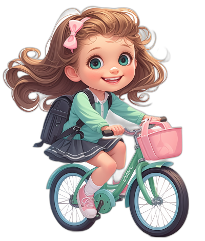 A cute little girl with big eyes, wearing green school uniform and pink shoes is riding her bike on the street, she has long brown hair in pigtails, black background, cartoon style, Disney Pixar character vector illustration, wearing backpack, pastel color palette, high resolution, high details, cute adorable face, full body portrait, green mountain bicycle. She wears white socks around her feet. The artwork uses bright colors to highlight his cheerful expression. He also incorporates elements of characters from pop culture or social media trends that he asleepy