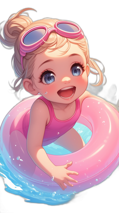 A cute baby girl with big blue eyes and blonde hair in pigtails, wearing a pink swimming costume and goggles is floating on an inflatable ring at the pool, smiling and happy. She is depicted in the style of [Atey Ghailan](https://goo.gl/search?artist%20Atey%20Ghailan), [Alena Aenami](https://goo.gl/search?artist%20Alena%20Aenami), [Kawacy](https://goo.gl/search?artist%20Kawacy), and Karedon Sp with sleek, elegant curves against a black background. The illustration has a high resolution, detailed character design in the style of Disney animation with colorful cartoon details and high definition.