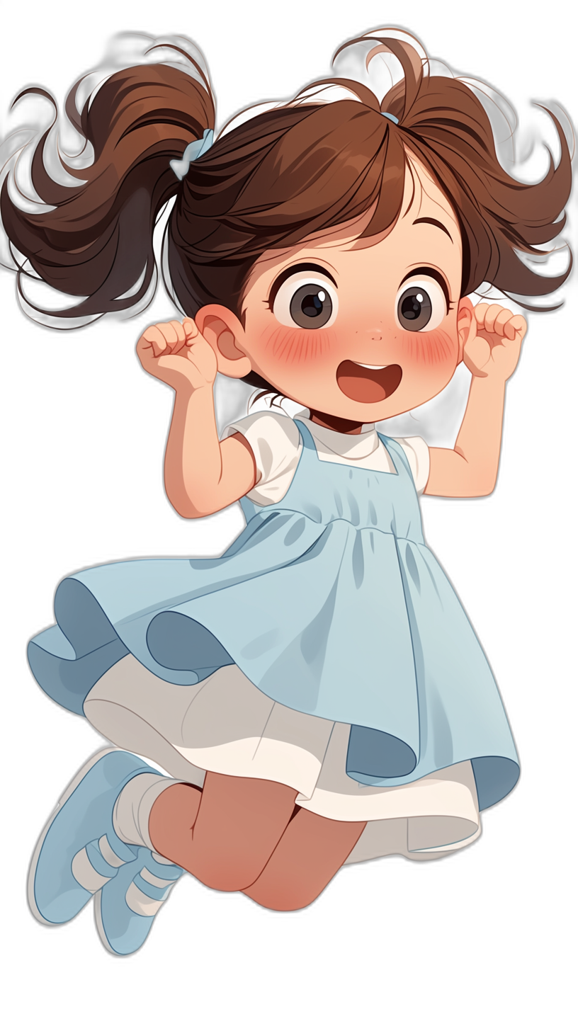 A cute baby girl cartoon character with brown hair in pigtails, wearing a blue and white dress flying up into the air on a black background in the style of Pixar.