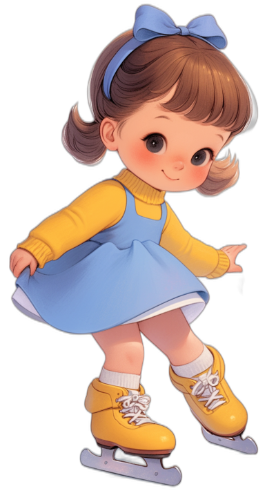 Cute cartoon girl ice skating in the style of a vintage illustration, wearing a blue dress and yellow turtleneck sweater with a white collar, brown hair in pigtails, big eyes, a baby teeth smile, black background, skating on the floor wearing skates, a full body portrait, high quality, detailed, with no text, letters, numbers or words.