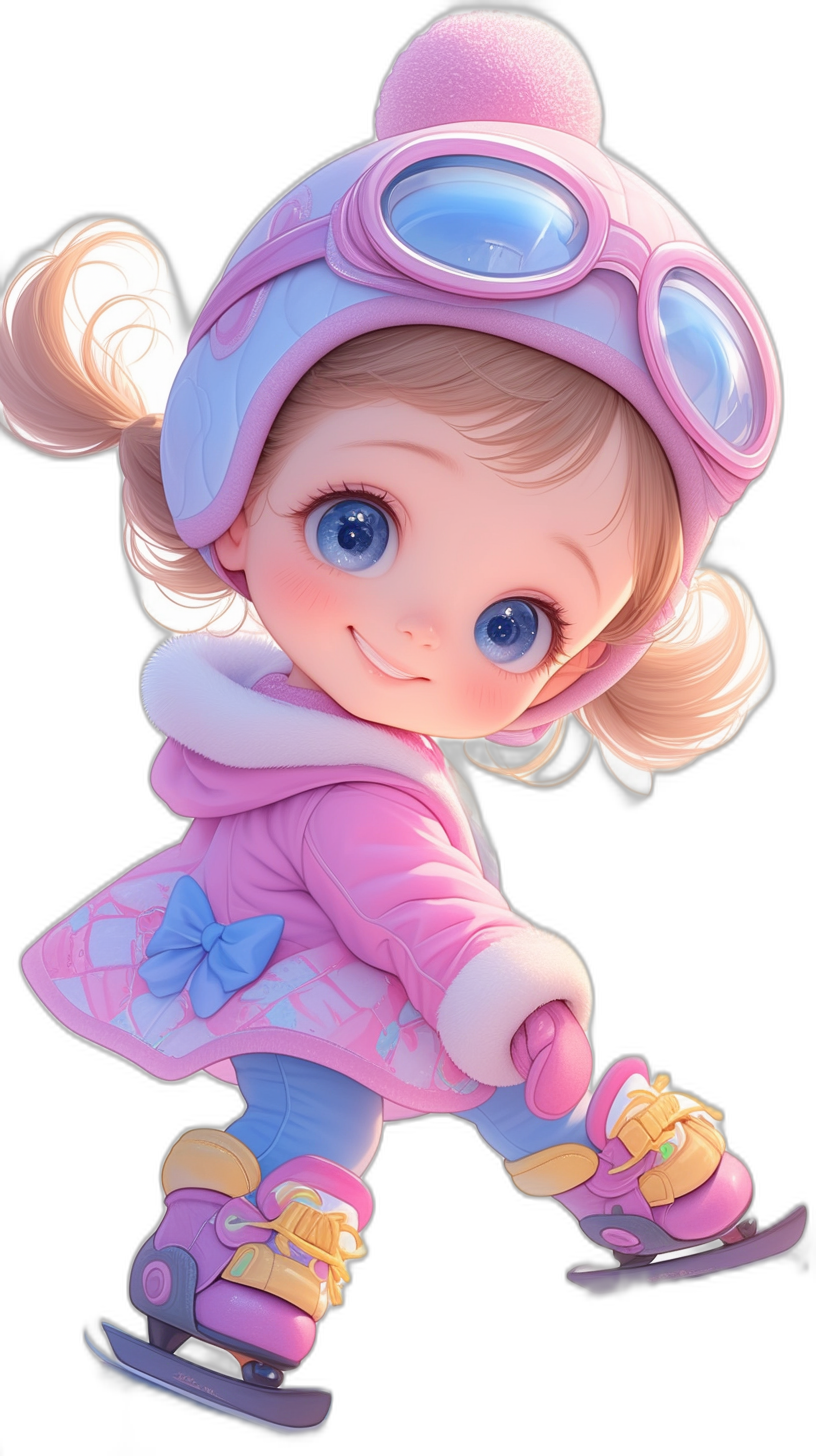 A cute baby girl wearing a pink ice skating outfit in the style of a chibi character with big blue eyes and blonde hair in pigtails. The little doll is smiling while on her skates against a black background. Digital art in the style of Pixar Disney.