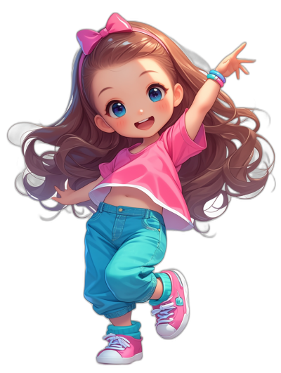 Cute little girl in a pink top with blue jeans and white sneakers, long brown hair in a ponytail style, bright eyes, dancing pose, smiling face, cartoon character design with colorful , black background, high resolution image.