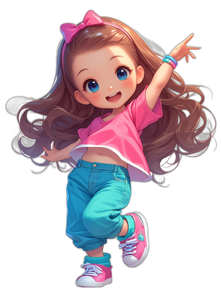 Cute little girl in a pink top with blue jeans and white sneakers, long brown hair in a ponytail style, bright eyes, dancing pose, smiling face, cartoon character design with colorful , black background, high resolution image.