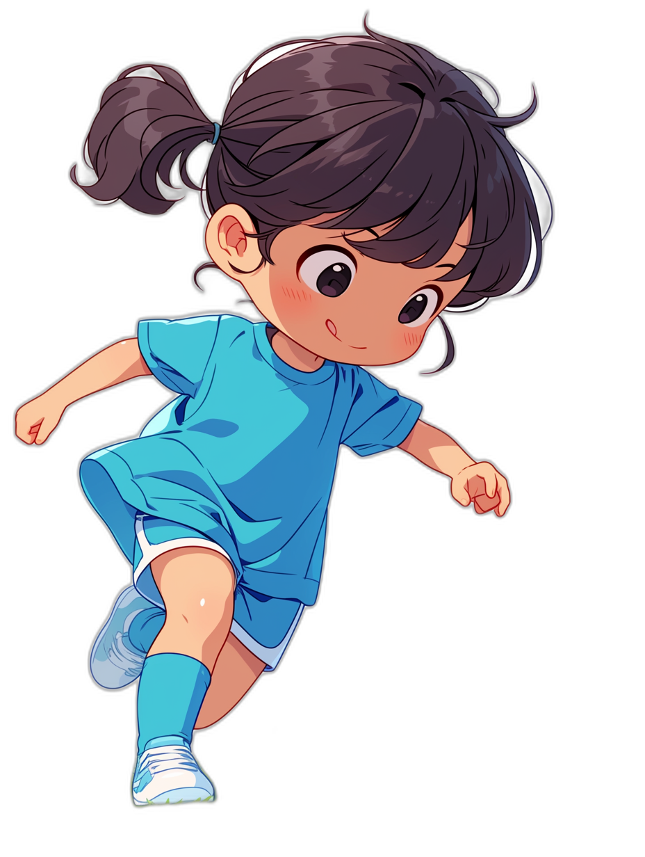 Cute little girl running, wearing a blue short-sleeved T-shirt and white shoes, with dark hair in a ponytail style and bangs, big eyes, a simple flat illustration style, black background, a cartoon character design, 2D game art, simple details, cute expressions, high resolution, high quality, high detail, high definition.