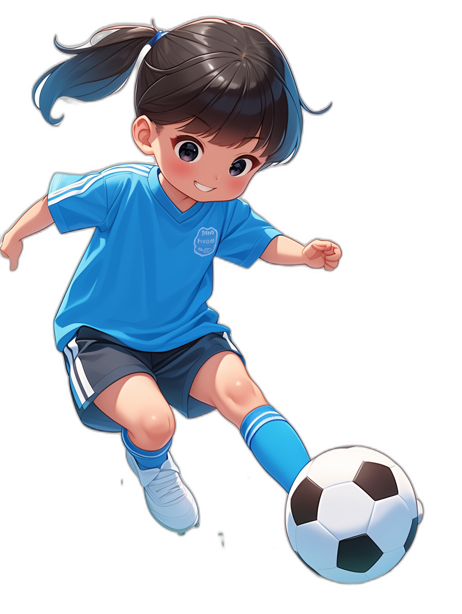 A cute little girl in a blue soccer jersey, kicking a ball in the style of Japanese anime, on a black background, with simple details, as a full body portrait in the style of Q-version manga art, at a high resolution.