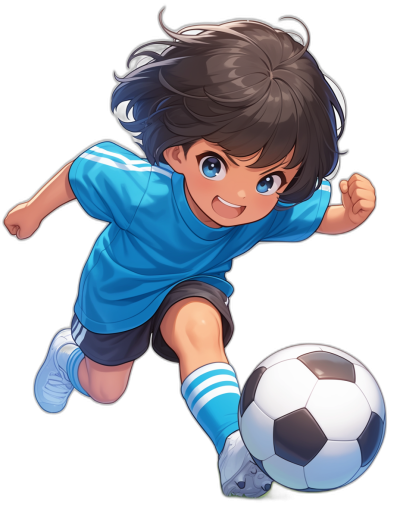 A cute boy with black hair wearing a blue t-shirt and white shorts is playing soccer on the field. He is wearing white shoes with big eyes, a round face, and a beautiful smile. His arms and legs have thick lines and the character design is very detailed with high resolution and high definition quality. The illustration is in an anime style on a black background and could be used for a mobile game character design.