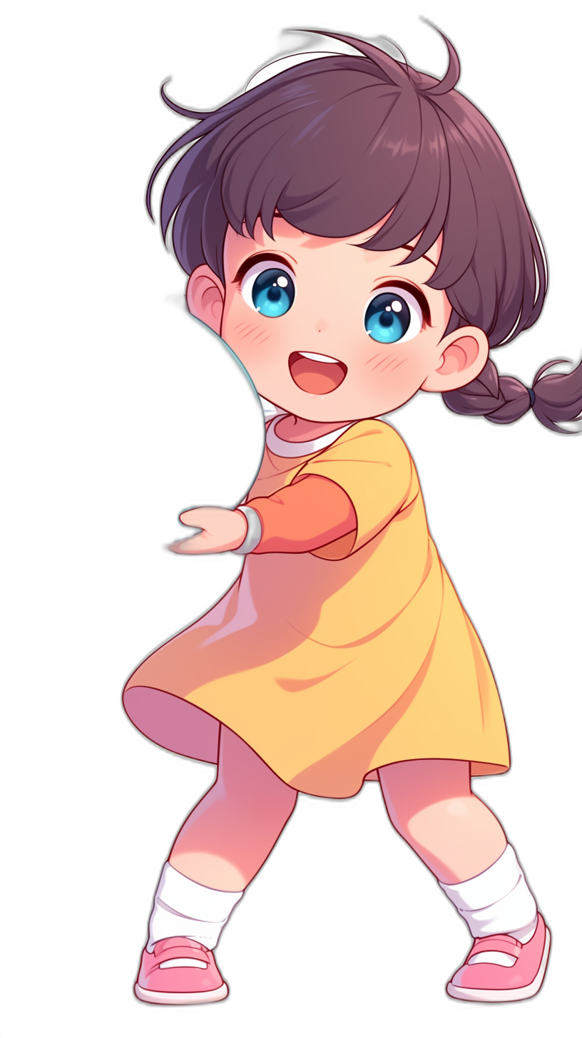 chibi style, chibbi girl with short dark hair and blue eyes wearing yellow dress with pigtails white socks dancing on black background