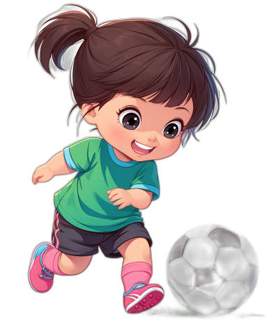 A cute little girl playing soccer in the style of chibi style cartoon with a black background, wearing a green t-shirt and pink socks, brown hair in a ponytail bun, big eyes, smiling, playing with a ball. Black shoes.