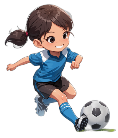 A cute little girl playing soccer, wearing blue and black uniforms with her hair tied in pigtails. She is running after the ball on an isolated background. The illustration style should be similar to Japanese anime, with detailed facial features and bright colors for each character. The background is black.