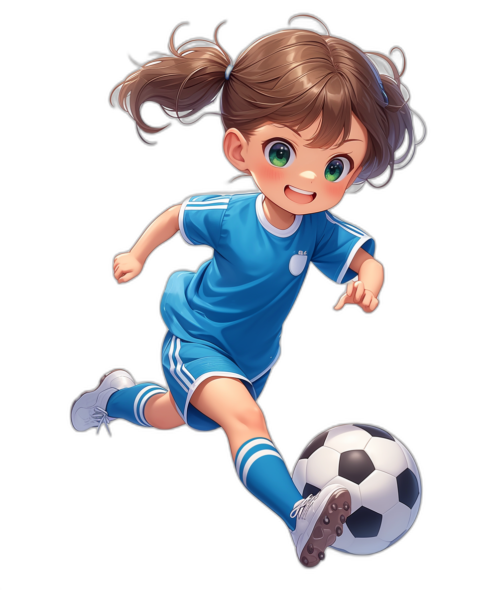 A cute little girl with green eyes and brown hair in pigtails, wearing a blue soccer uniform playing football on a black background in the style of an anime character design, cartoon realism, colorful animation stills, cartooncore, character caricatures, cute cartoonish designs.