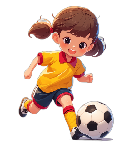 A cute little girl in a yellow and red soccer uniform playing football on a black background in the style of cartoon.