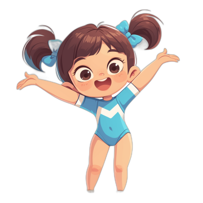 Cute cartoon girl in a gymnastics outfit, vector illustration, flat design, black background, in the style of Pixar, in the style of Disney, chibi character, white and blue color scheme, little brown hair with two pigtails pulled up into buns on each side of her head, smiling big expression, open arms spread out to the sides, front view, standing pose