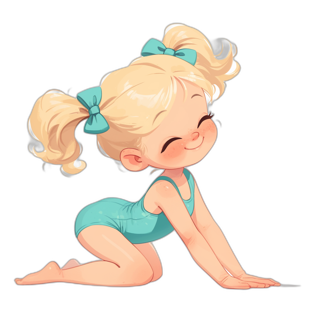 Side view of a blonde toddler girl with pigtails and blue bows wearing teal leotards, crawling on the floor smiling. The drawing is in the style of a cartoon with a clip art sticker style on a black background.