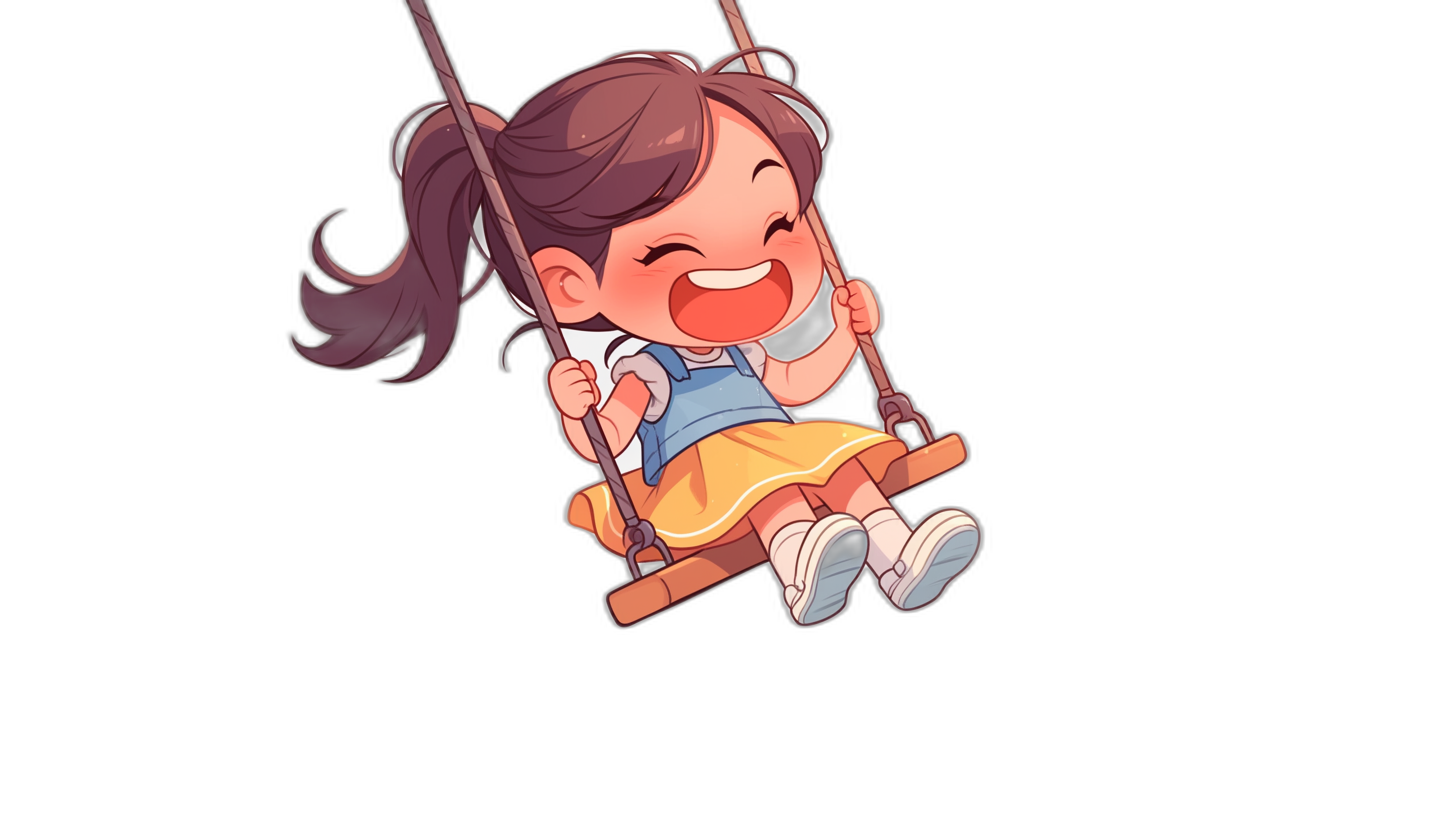 A cute little girl is swinging on the swing, smiling happily. The illustration is in the vector style with a black background. The character design is in the cartoon style. The still image is colorful like cartoon characters. The picture is simple and clean with a high 8k resolution, in the style of [Qiu Shengxian](https://goo.gl/search?artist%20Qiu%20Shengxian).