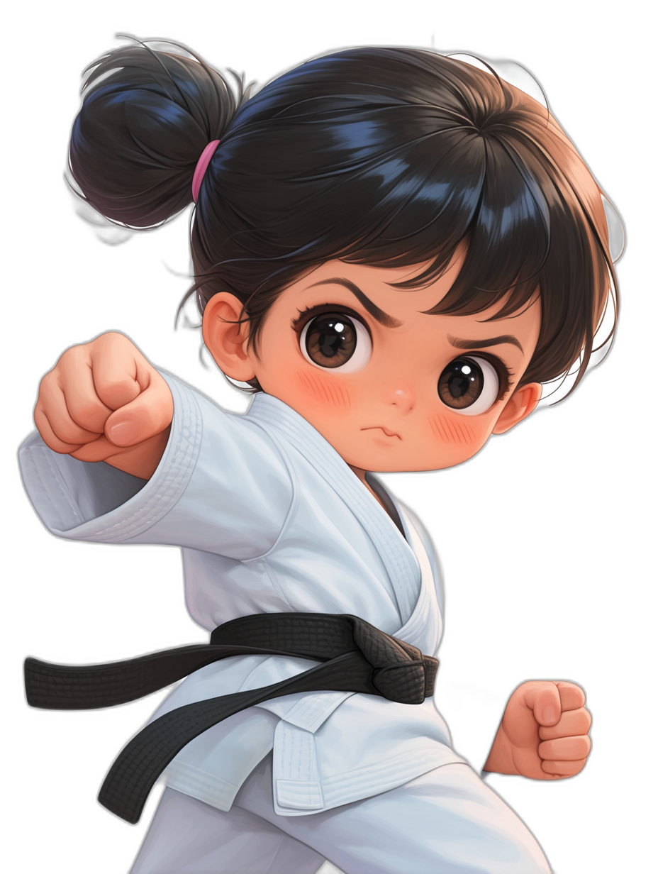 5 year old girl with black hair in a ponytail, doing a karate kick, wearing a white jiu-jitsu gi, cute drawing in the style of kawaii anime, big eyes, black background, character design for a mobile game