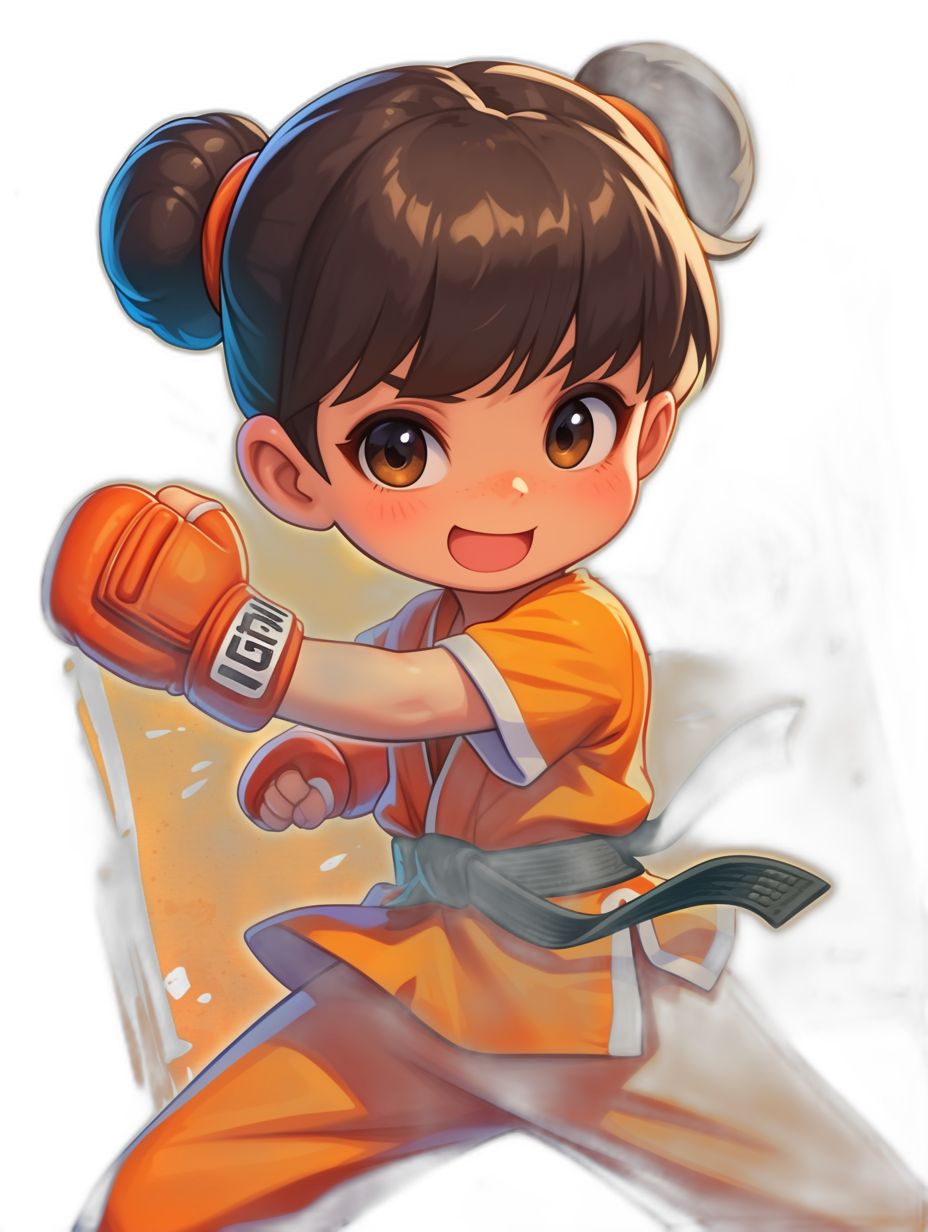 A cute little girl wearing an orange kung fu outfit, boxing gloves on her hands, ready to fight against a black background. The drawing is in a chibi style with a simple cartoon character design and game art illustration style. The artwork has a Japanese anime influence with colorful lights and shadow effects. It is a full body portrait in a high resolution 2D game art style, created as a digital painting.