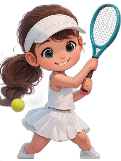 A cute little girl playing tennis, wearing a white skirt and headband, with brown hair in a ponytail style, big blue eyes, a smiling facial expression, holding a racket close-up, a pink sweat band on her forehead, a black background, a vector illustration, a chibi character design, digital art in the style of [Artgerm](https://goo.gl/search?artist%20Artgerm).