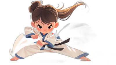 A cute girl practicing taekwondo in a cartoon style on a simple black background, wearing white and blue  with brown hair in a ponytail hairstyle and striking a strong fighting posture with double blades on her feet. The character is drawn in the style of the Kung Fu Panda studio. High resolution vector illustration.