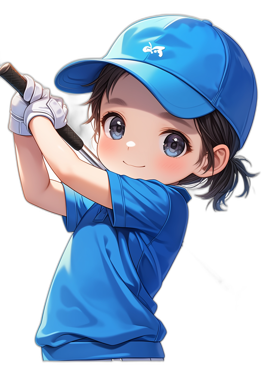 A cute little girl in a blue golf shirt and baseball cap playing golf against a black background, in the style of chibi anime.