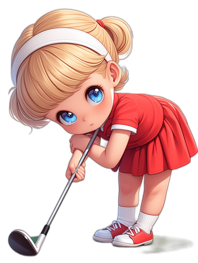 chibi style, cute little girl with blonde hair and blue eyes wearing a red dress and white headband playing golf against a black background, with red shoes and white socks. In the style of an anime or manga artist.