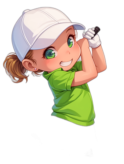 A cute young girl in a white cap and green t-shirt playing golf. The vector art illustration is in the style of anime with a black background. She has big eyes, a big head, white skin, and a happy facial expression. It is a full body shot of her with green hair in a ponytail at the back of her neck.