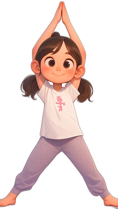 A cute little girl is doing yoga in a full body portrait, wearing a white T-shirt and gray pants. The style is cartoon-like, with a Disney Pixar animation character design featuring big eyes and a happy expression, with hands raised above the head to form a V shape against a black background. It is a 3D rendering full of details, with a cute and soft light in high definition resolution.