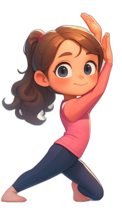 chibi style cartoon of a brown haired girl doing yoga, wearing a pink shirt and dark blue leggings, against a solid black background, cute. The artwork is in the style of chibi.